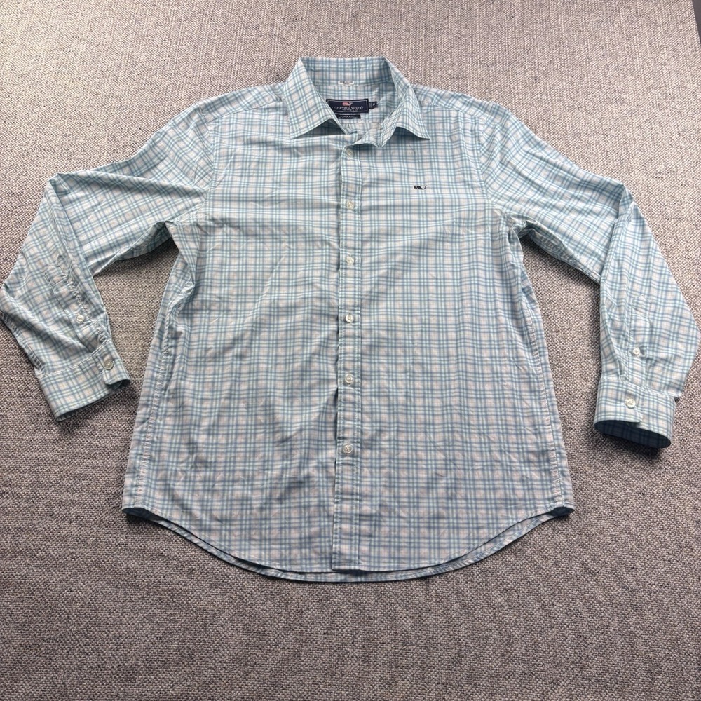 Vineyard Vines Men's Sz Medium Whale Shirt Blue/White Check Long Sleeve